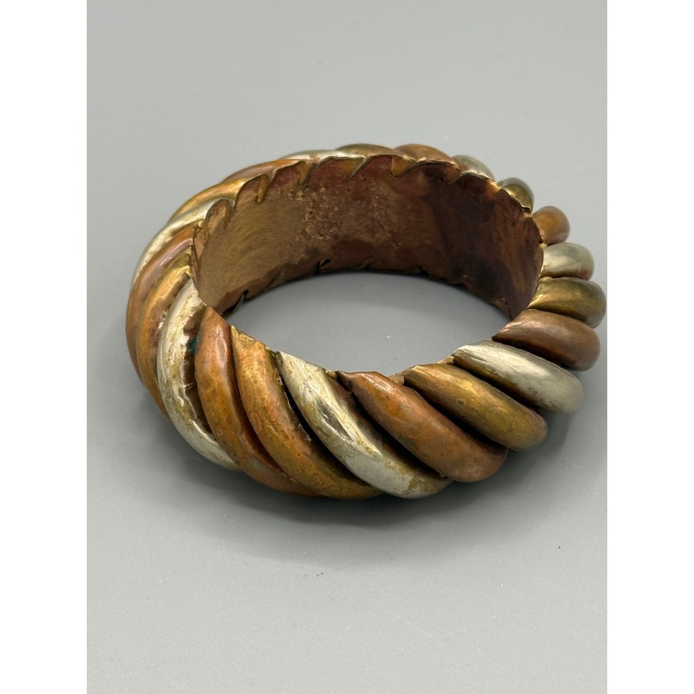 Vintage Tri Tone Mixed copper wood Chunky Twisted Bangle Bracelet Boho Statement